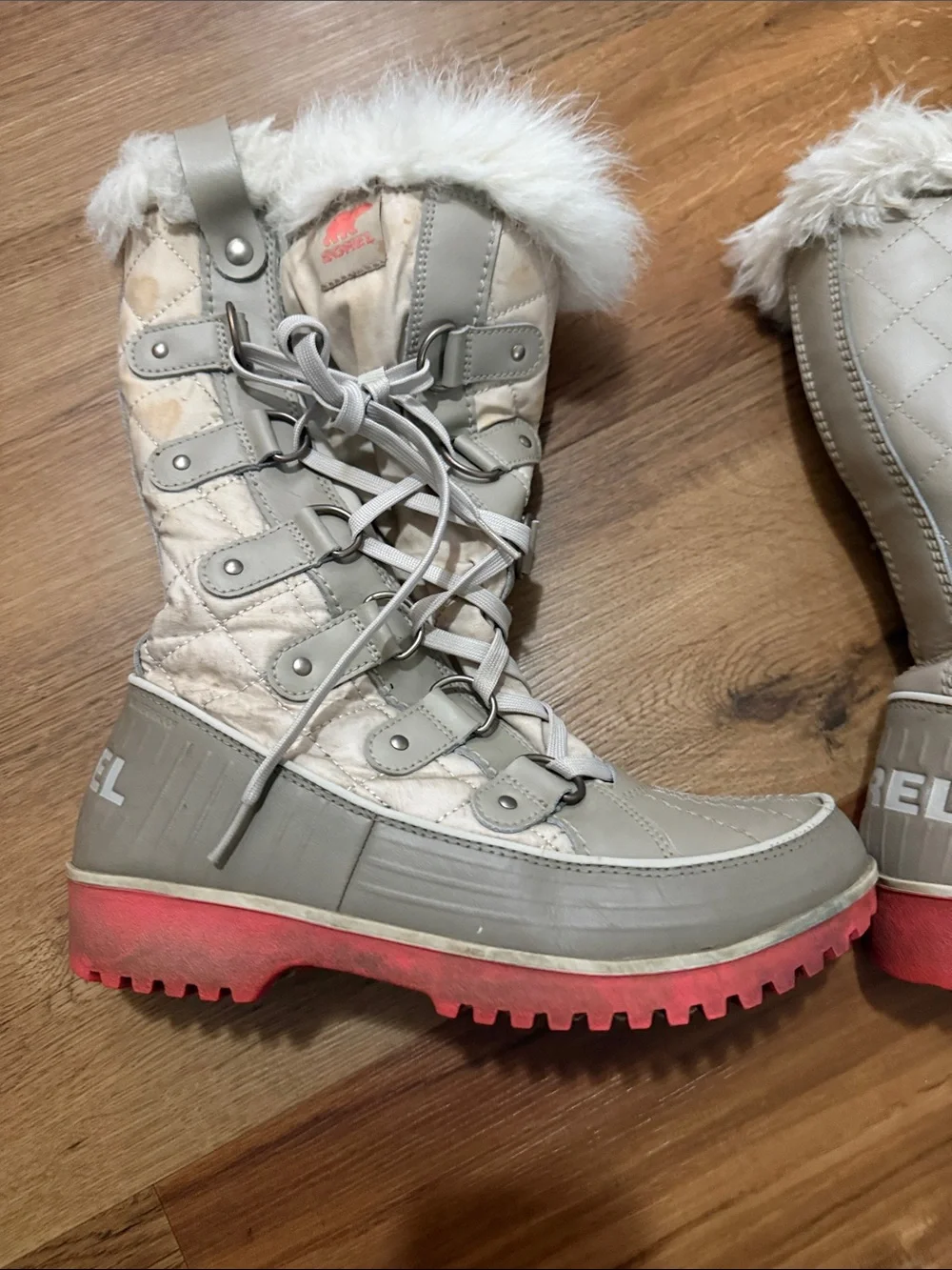 Sorel Lace-Up Winter Boot with Faux Fur Collar in Cream and Coral